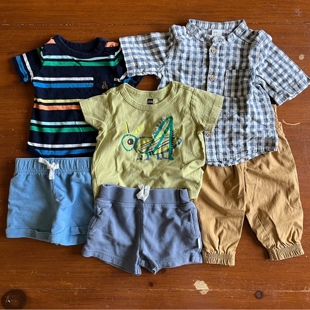 Mixed Baby Boys Outfit Bundle - Striped Tee, Plaid Shirt, Shorts Gap, H&M, Tea